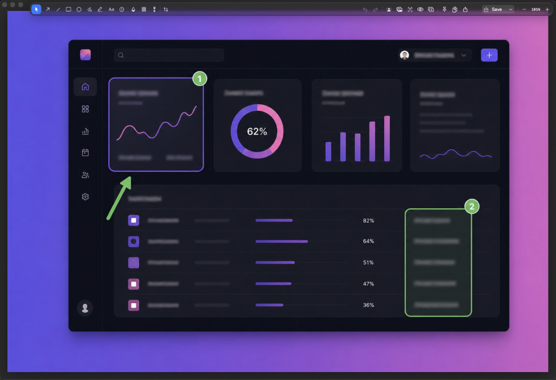 Show & Tell annotating a dashboard screenshot with arrows, numbered callouts, and highlights